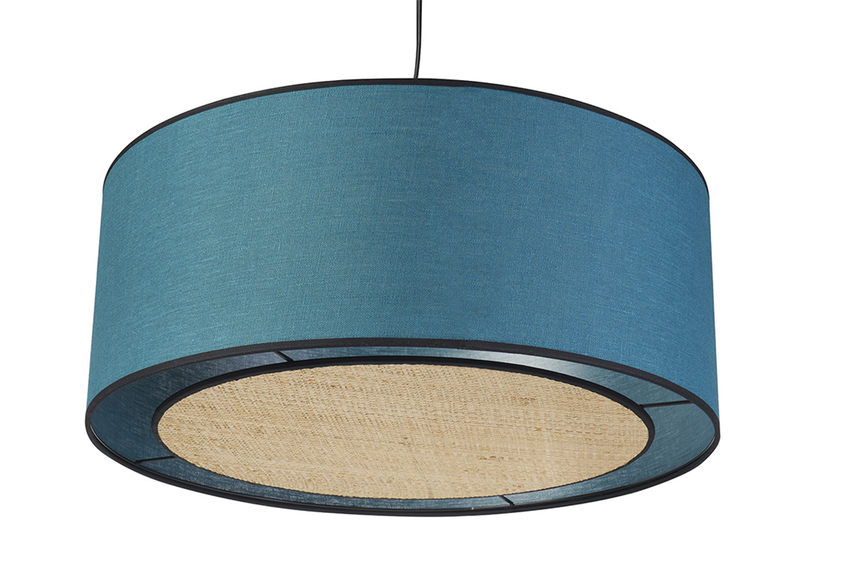 Suspension cylindrique en lin bleu paon et rabane naturelle D50 cm TRAVES
