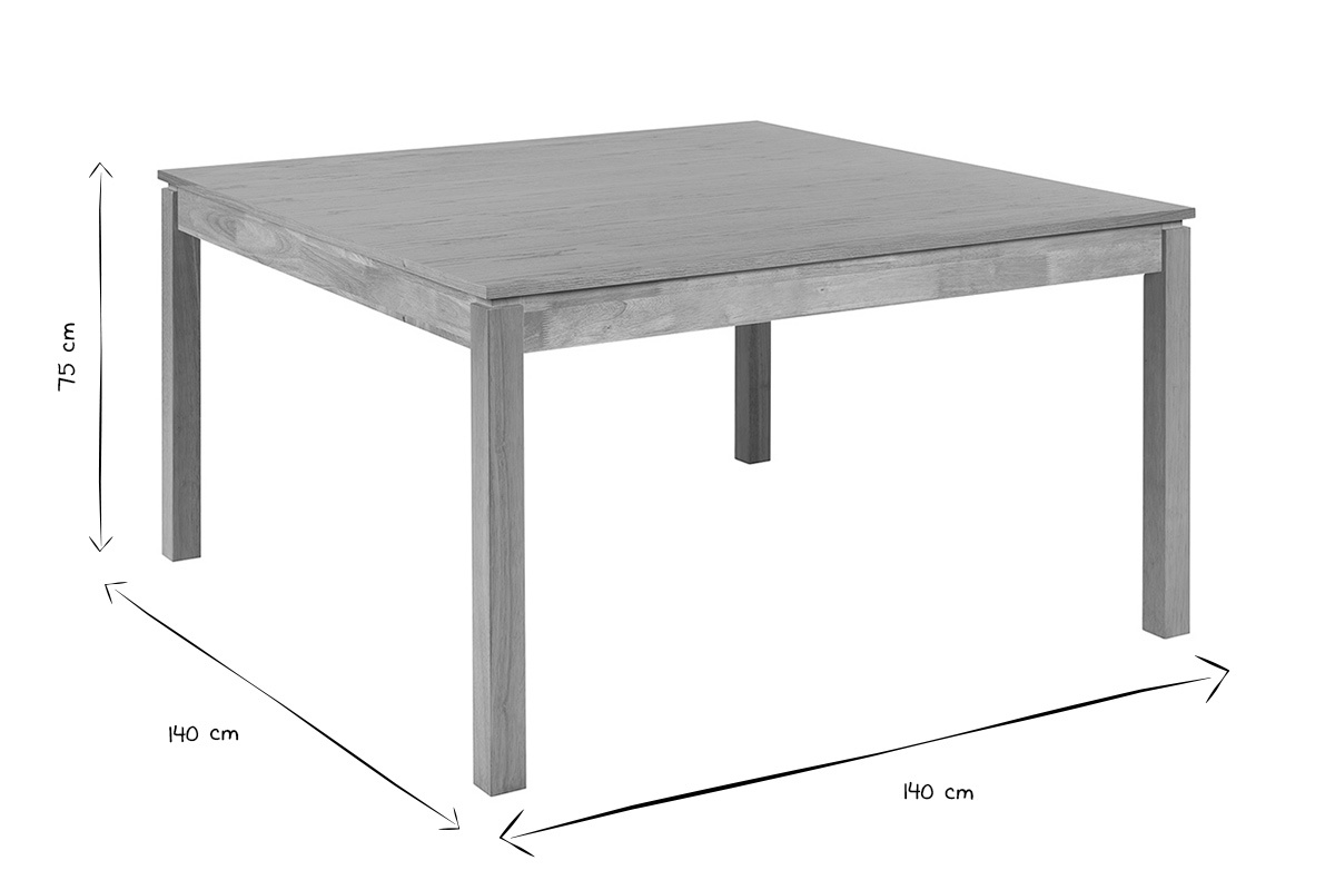 Dimensions de la table � manger carr�e en bois clair L140 cm x L140 cm x H75 cm en noir et blanc.