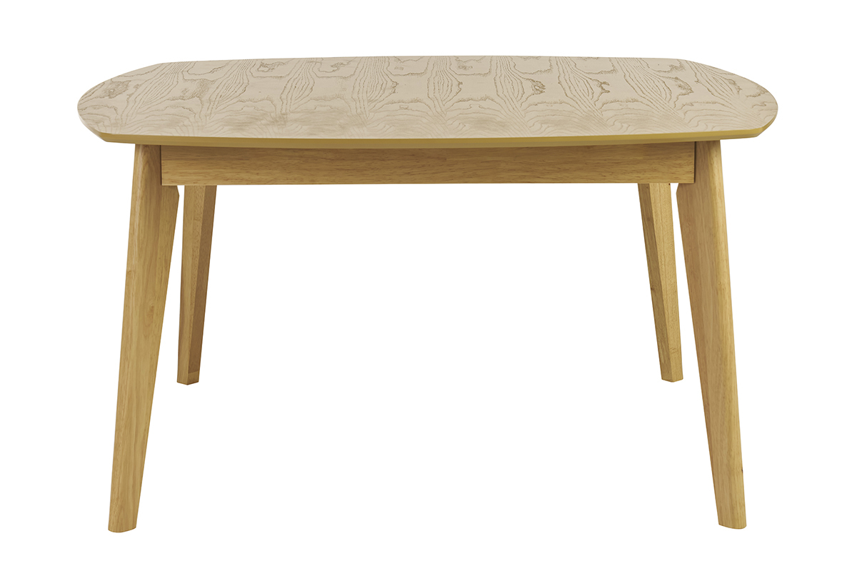 Table � manger carr�e scandinave en bois clair vue de face.