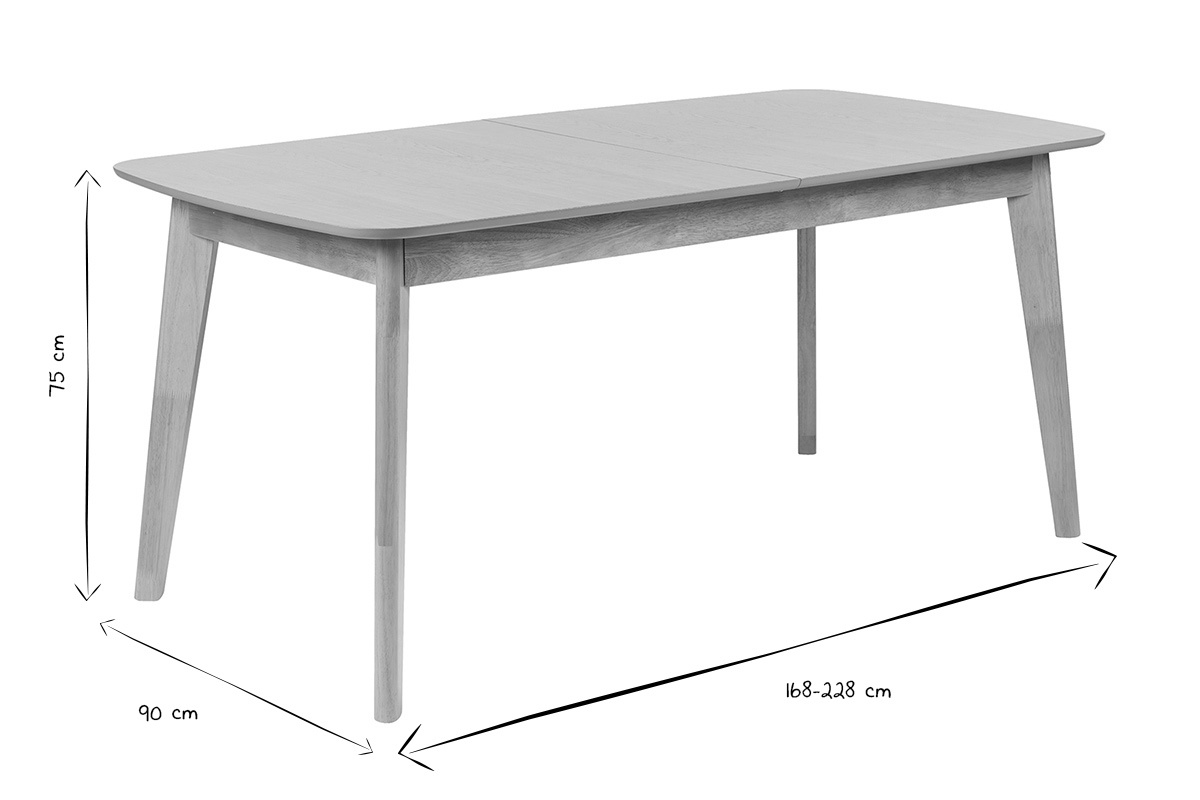Table � manger scandinave extensible en bois clair avec dimensions 75x90x168-228 cm en noir et blanc.