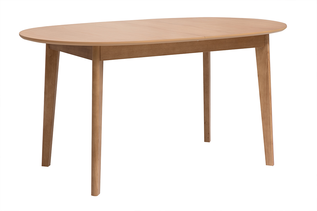 Table � manger ovale extensible en bois clair vue de 3/4.