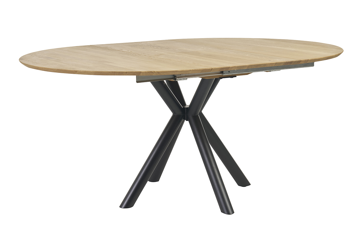 Table � manger ronde extensible en bois clair et m�tal, vue de 3/4.