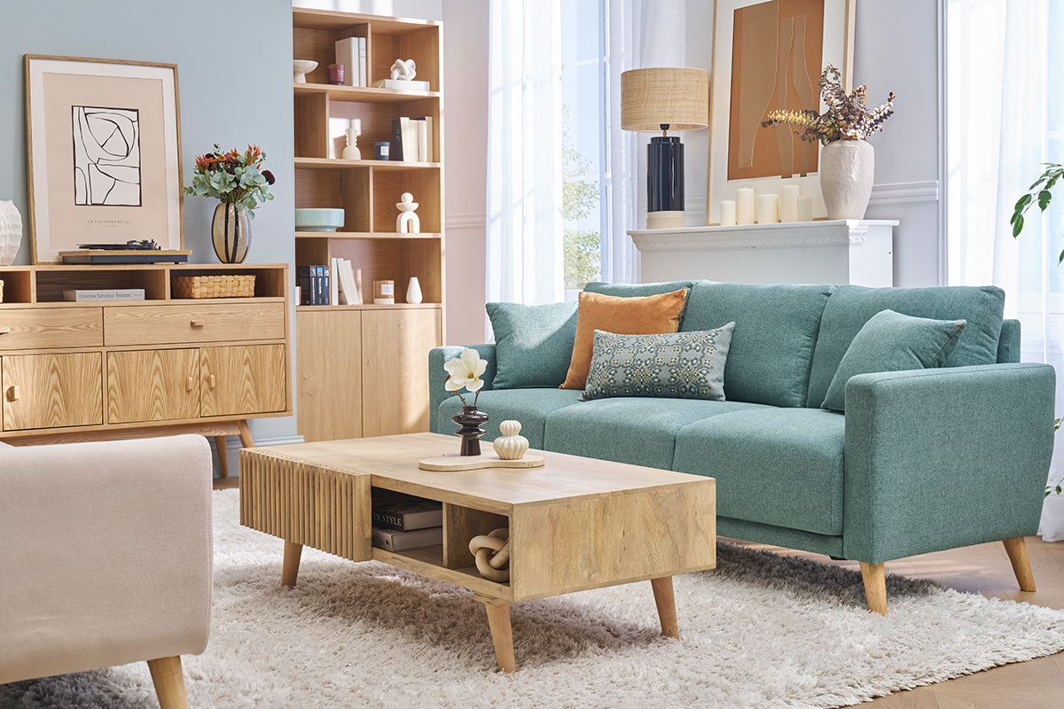Table basse avec portes coulissantes bois manguier massif ALBA