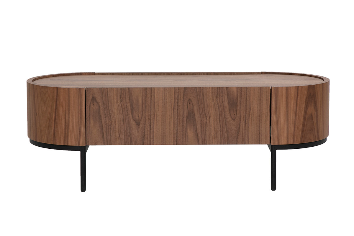 Table basse design en bois fonc� noyer et m�tal noir, vue de face, avec tiroir int�gr�.