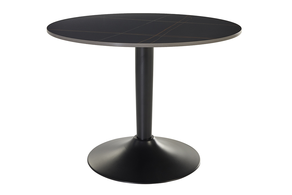 Table basse ronde en c�ramique noire avec pied central en m�tal.