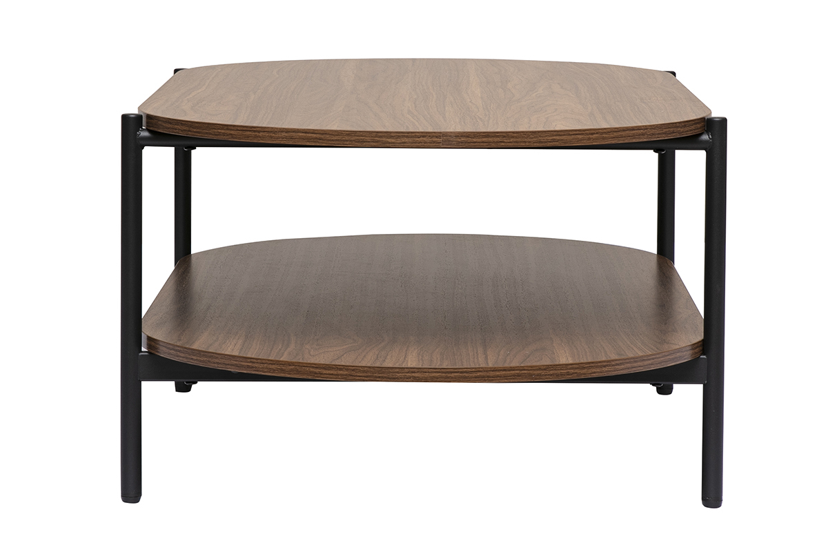 Table basse ovale bois fonc� et m�tal noir, vue de profil, deux plateaux.