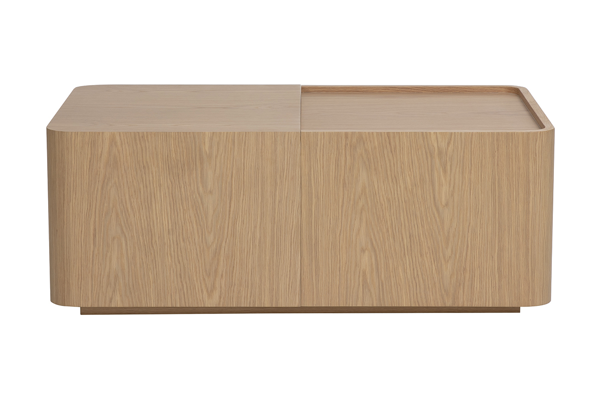 Table basse en bois clair ch�ne avec rangement, vue de face, dimensions L100 cm.
