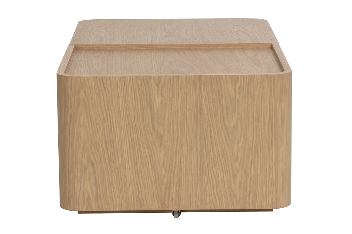Table basse rectangulaire en bois clair ch�ne, vue de profil avec plateau ouvert.