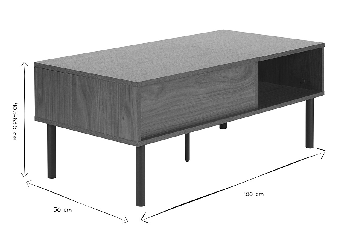 Table basse rectangulaire en noir et blanc avec dimensions, vue de trois quarts.