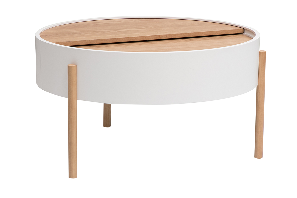 Table basse ronde blanche avec plateau pivotant en bois clair et pieds en bois, vue de c�t�.