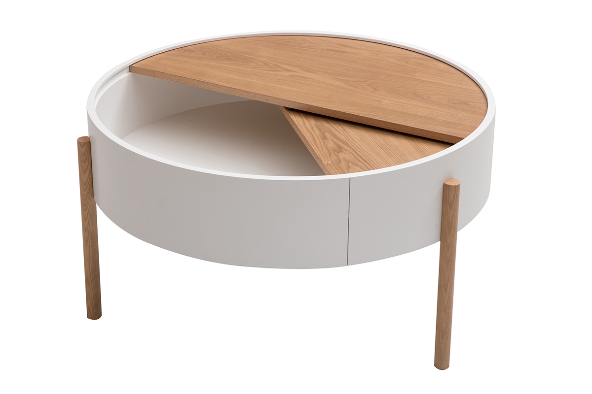Table basse ronde blanche avec plateau pivotant en bois et pieds en fr�ne, vue de 3/4.