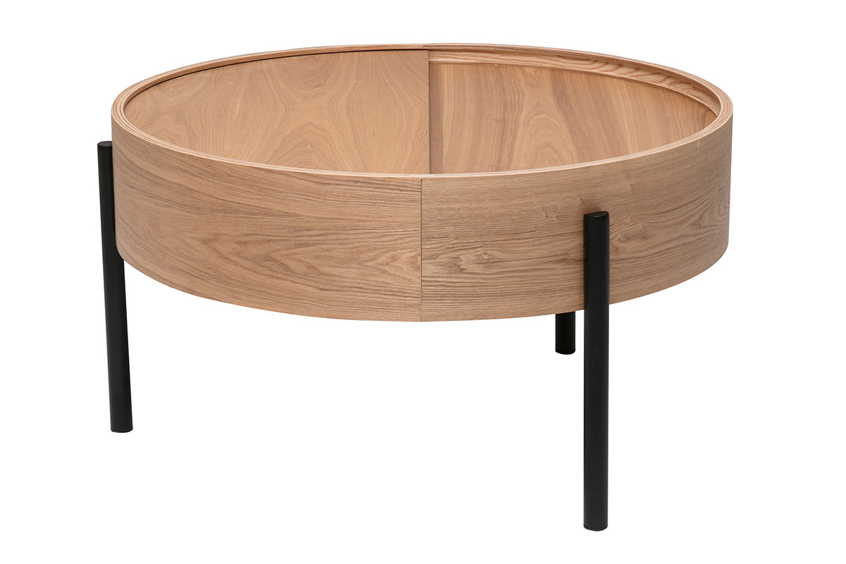Table basse ronde fr�ne clair avec pieds m�tal noir et plateau pivotant, vue de profil.