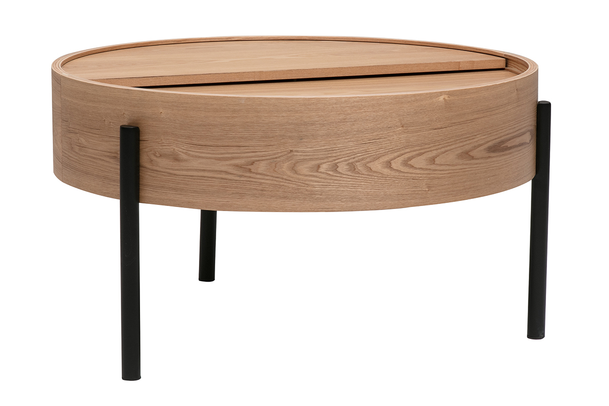Table basse ronde en bois de fr�ne avec pieds en m�tal noir et plateau pivotant.