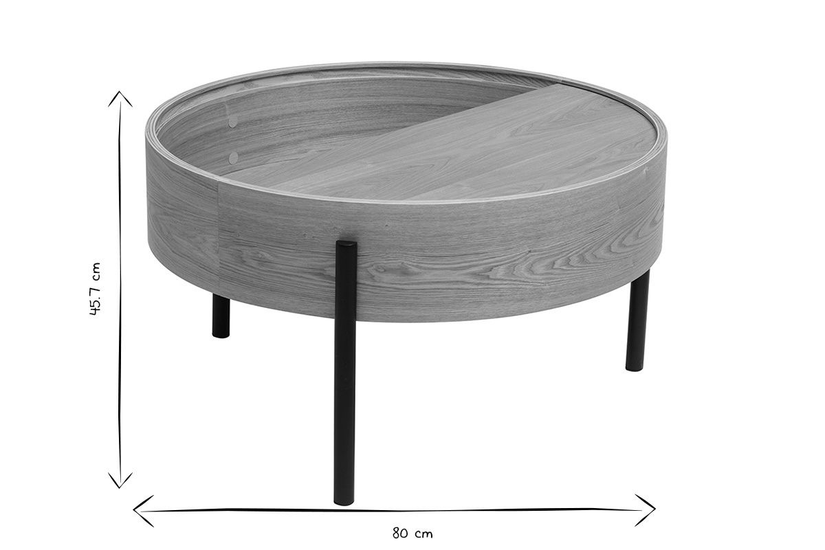 Table basse ronde en bois clair et m�tal, dimensions D80 cm et H45,7 cm, en noir et blanc.