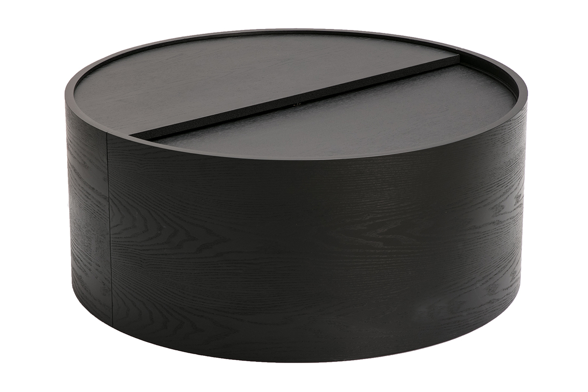 Table basse ronde en bois noir avec plateau pivotant et rangement, vue de 3/4.