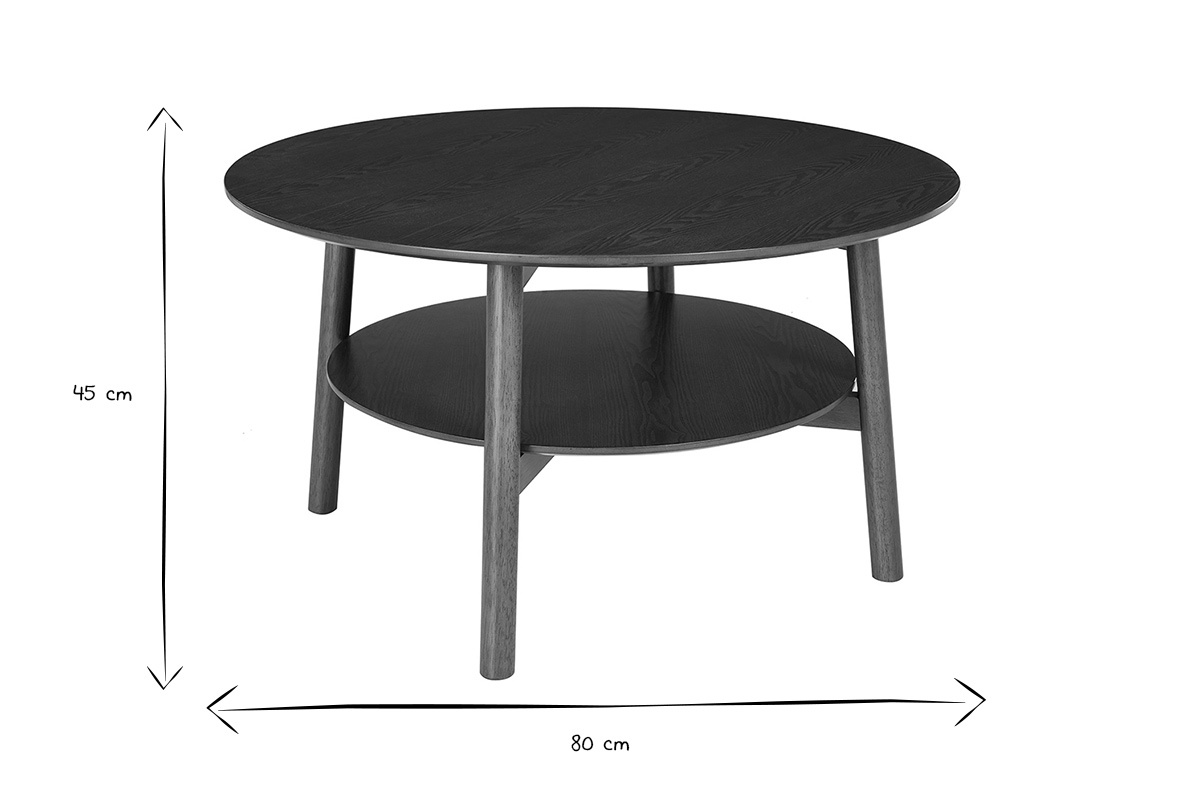 Table basse ronde en bois fonc�, dimensions 80 cm de diam�tre et 45 cm de hauteur, vue de 3/4, en noir et blanc.