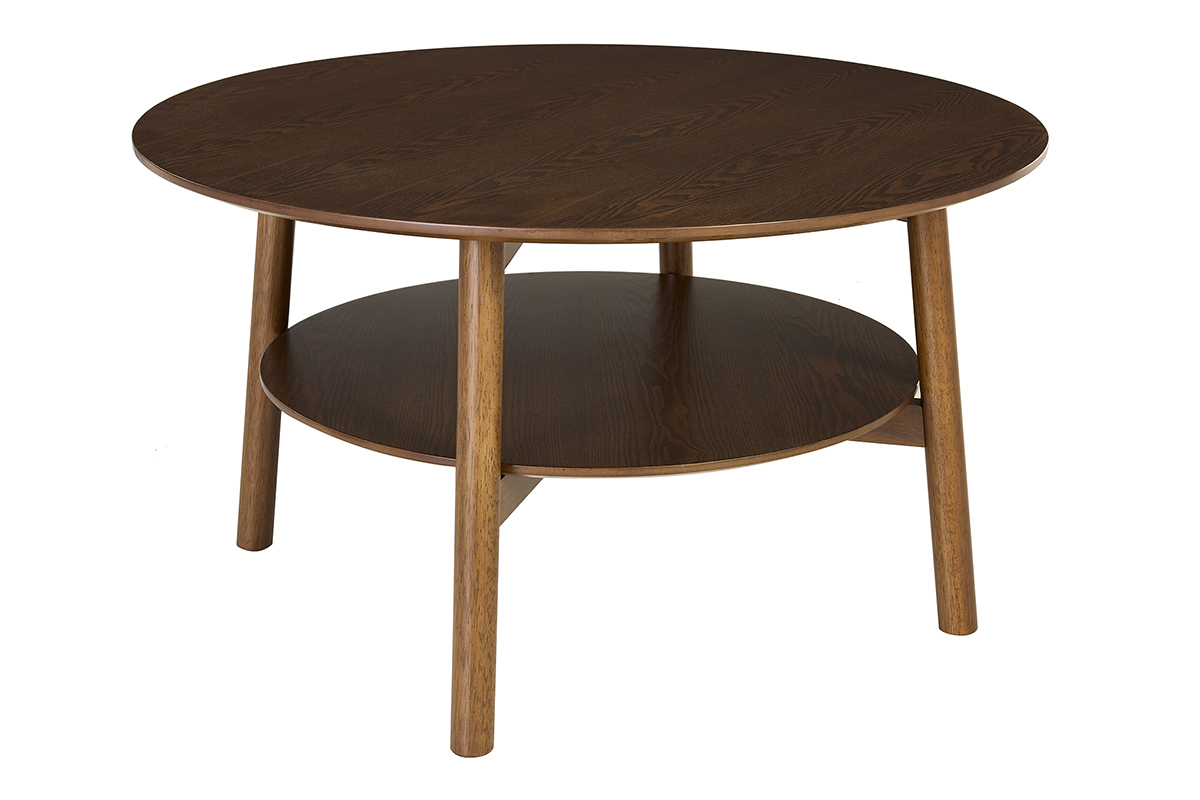 Table basse ronde en bois fonc� avec double plateau, vue de trois quarts.