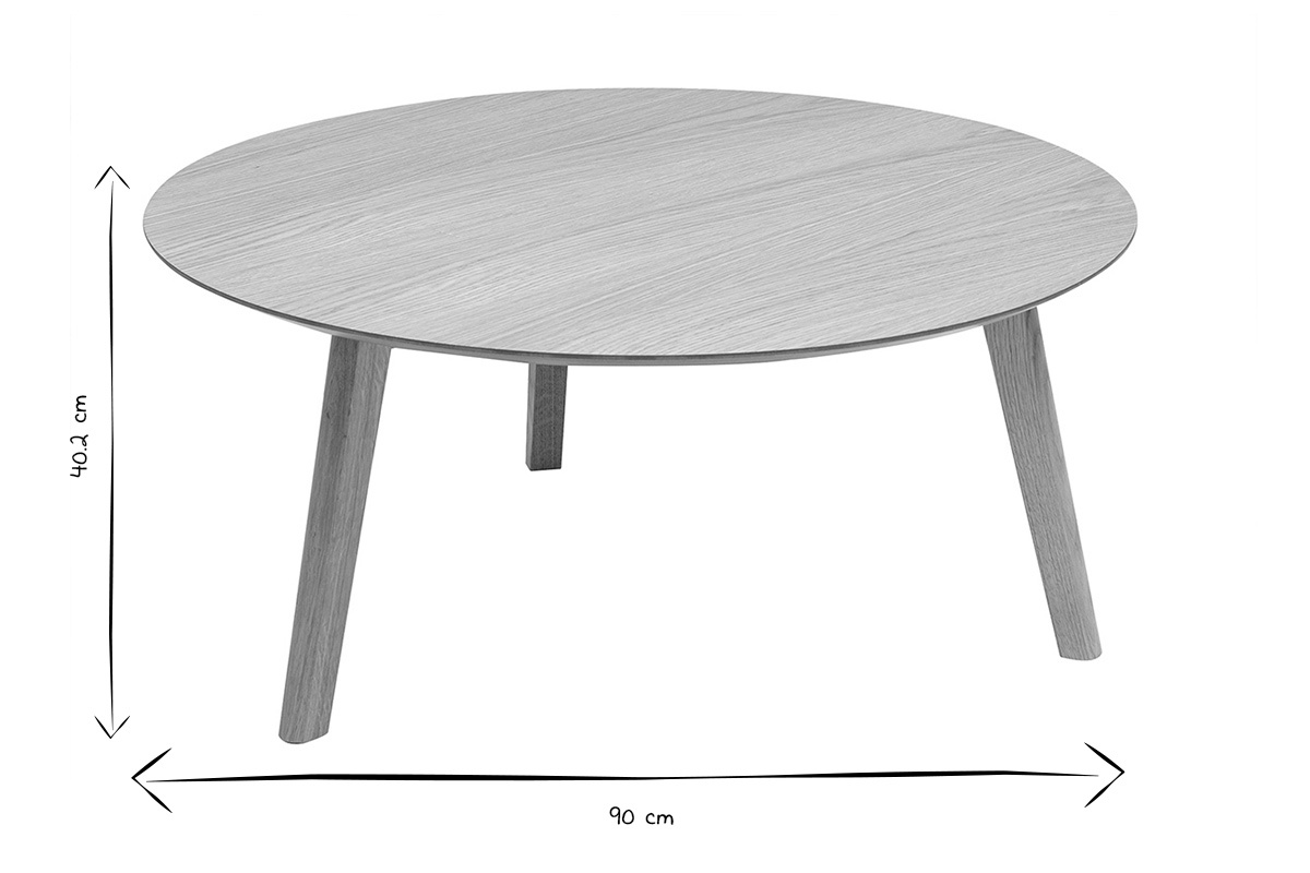 Table basse ronde en ch�ne D90 cm, hauteur 40,2 cm en noir et blanc.