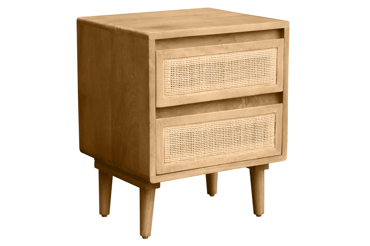 Table de chevet en bois manguier massif et cannage rotin avec rangements 2 tiroirs ACANGE