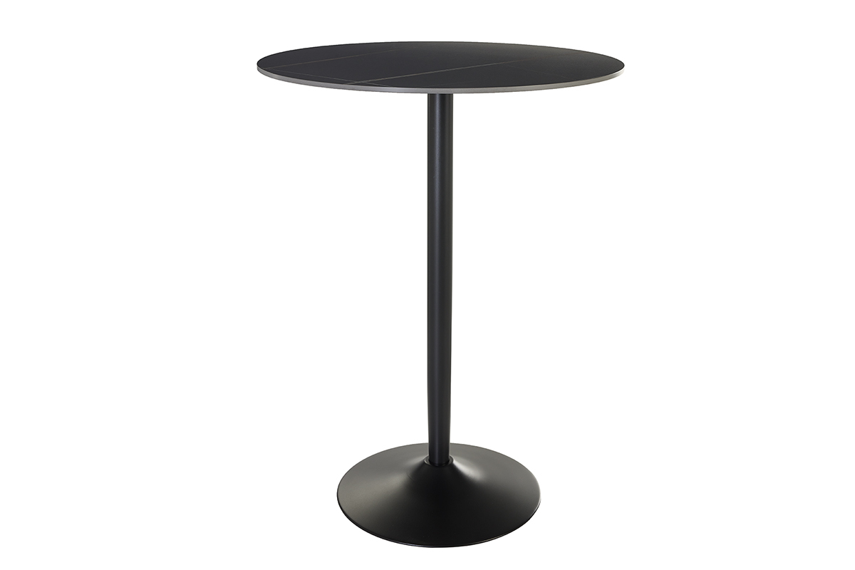Table ronde en c�ramique noire avec pied tulipe en m�tal noir, vue de face.
