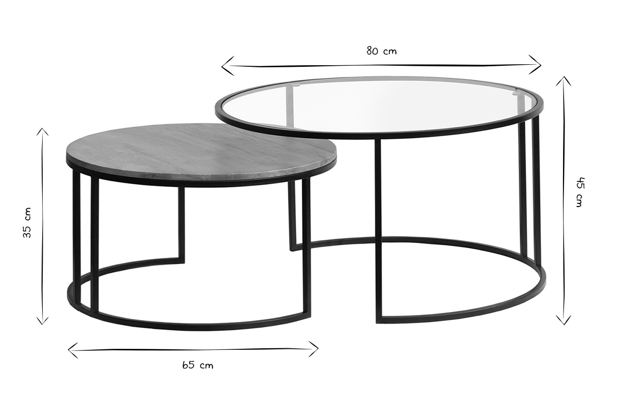 Dimensions des tables basses gigognes TAHL en noir et blanc, vue de face.