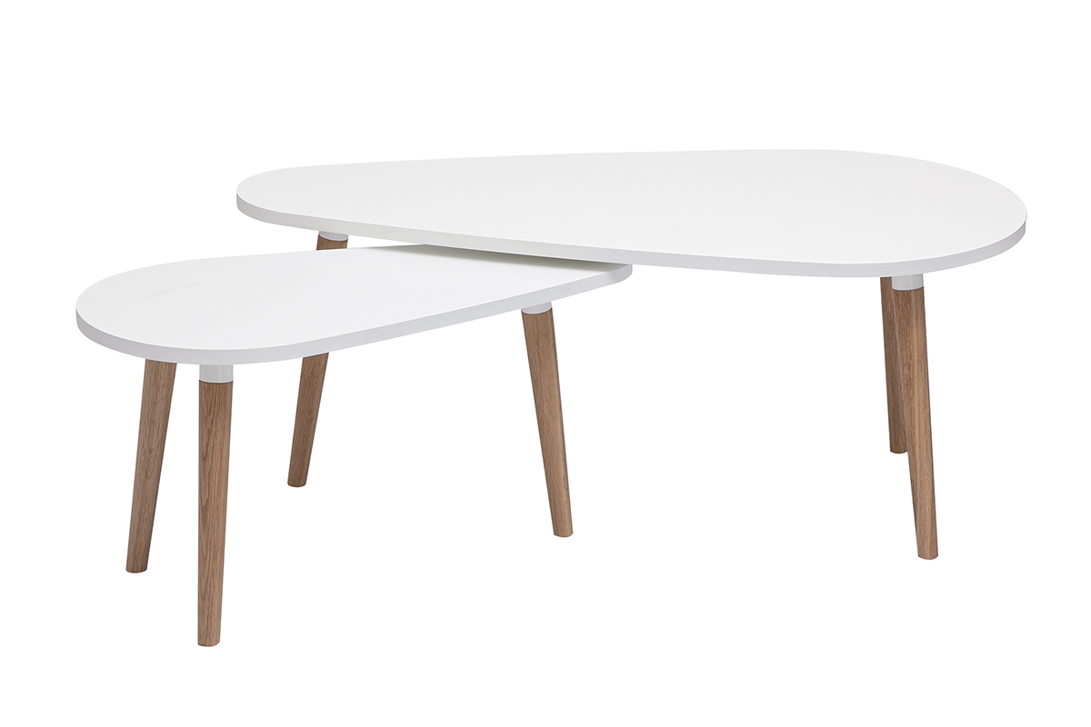 Tables basses gigognes scandinaves blanches et bois clair, vue de face.