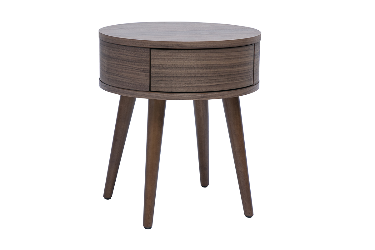 Table de chevet ronde en bois fonc� avec tiroir, vue de 3/4.