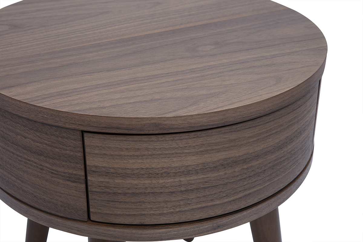 Table de chevet ronde en bois fonc� avec un tiroir, vue de c�t�.