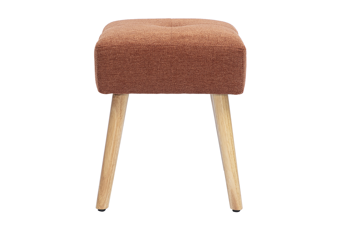 Tabouret bas en velours terre br�l�e avec pieds en bois clair, vue de profil.