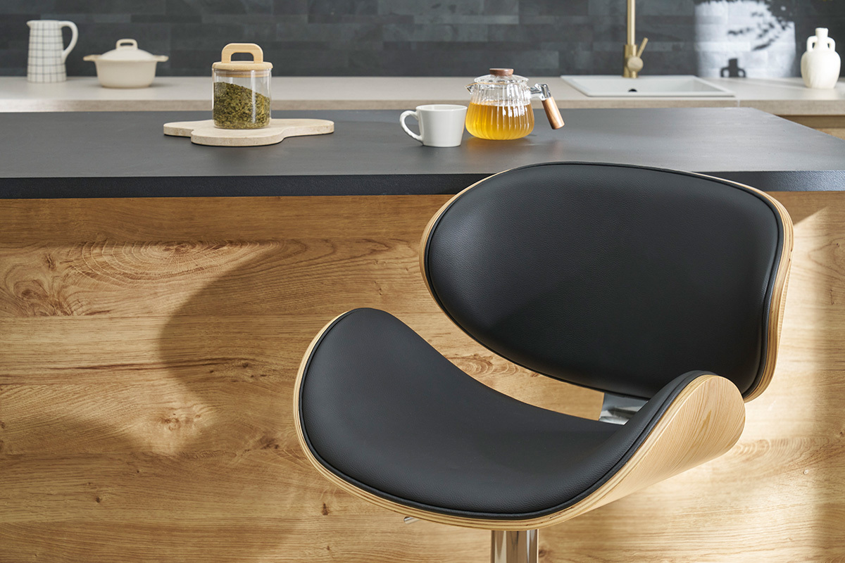 Tabouret de bar design noir et bois clair WALNUT