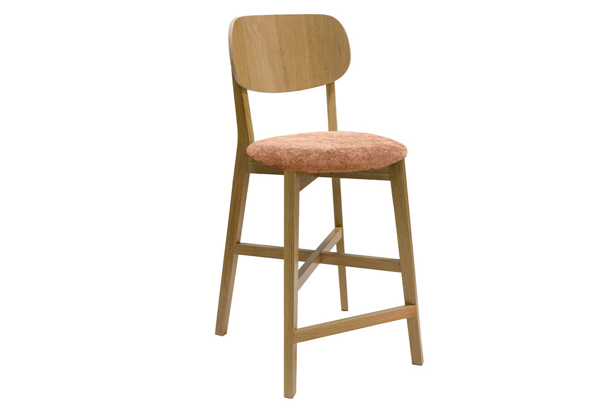 Tabouret de bar en bois clair ch�ne et tissu effet velours terre br�l�e H65 cm LUCIA