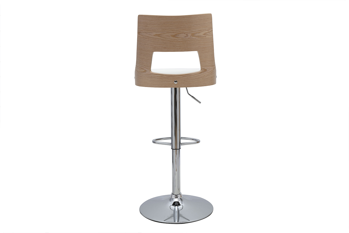 Tabouret de bar pivotant GARBO en bois clair et blanc, vue de dos.