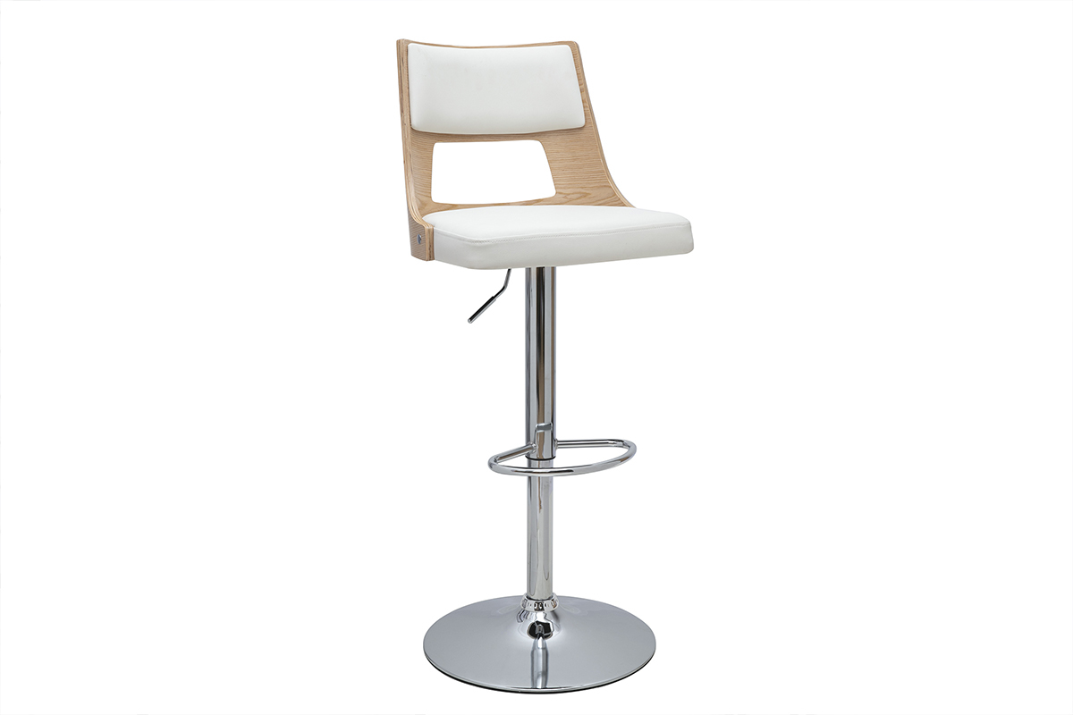 Tabouret de bar pivotant blanc et bois clair avec base chrom�e, vue de 3/4.