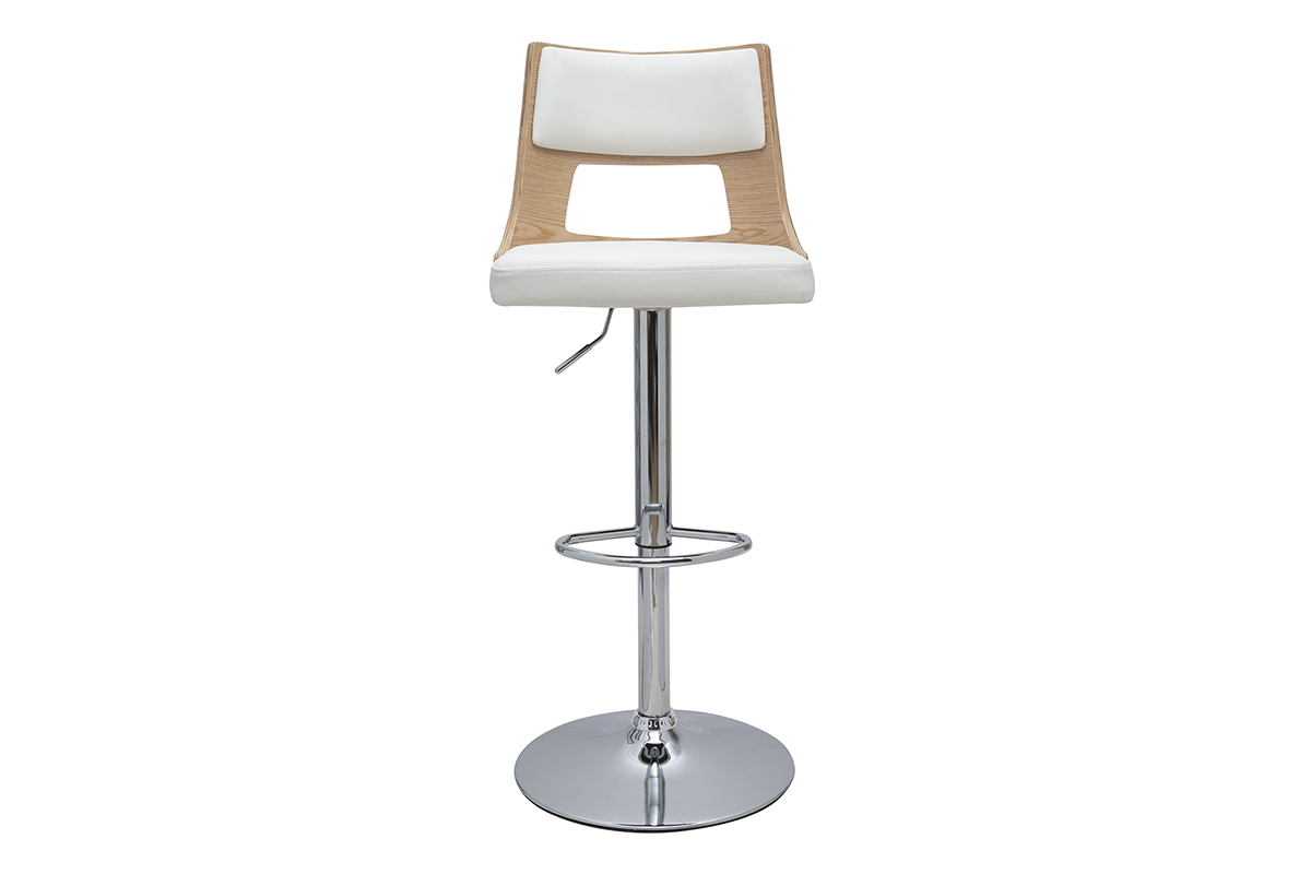 Tabouret de bar blanc et bois clair GARBO, vue de face, base chrom�e.
