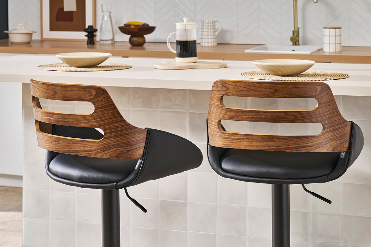 Tabouret de bar relevable design noir et noyer PERNIK