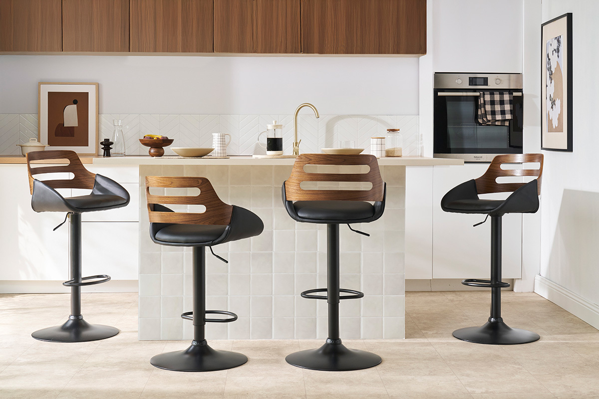 Tabouret de bar relevable design noir et noyer PERNIK
