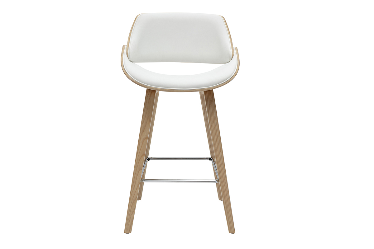 Tabouret de bar pivotant blanc et bois clair H70 cm, design moderne, vue de face
