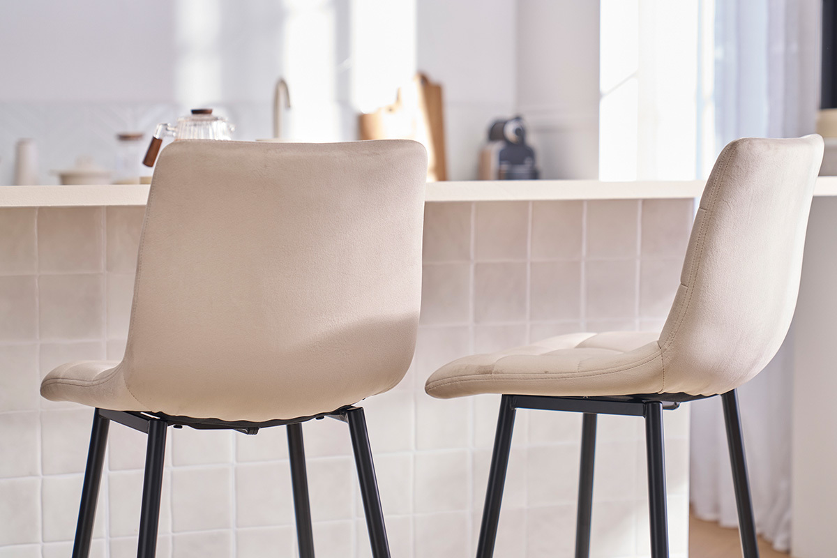 Tabourets de bar design en velours taupe H65 cm (lot de 2) MAXWELL