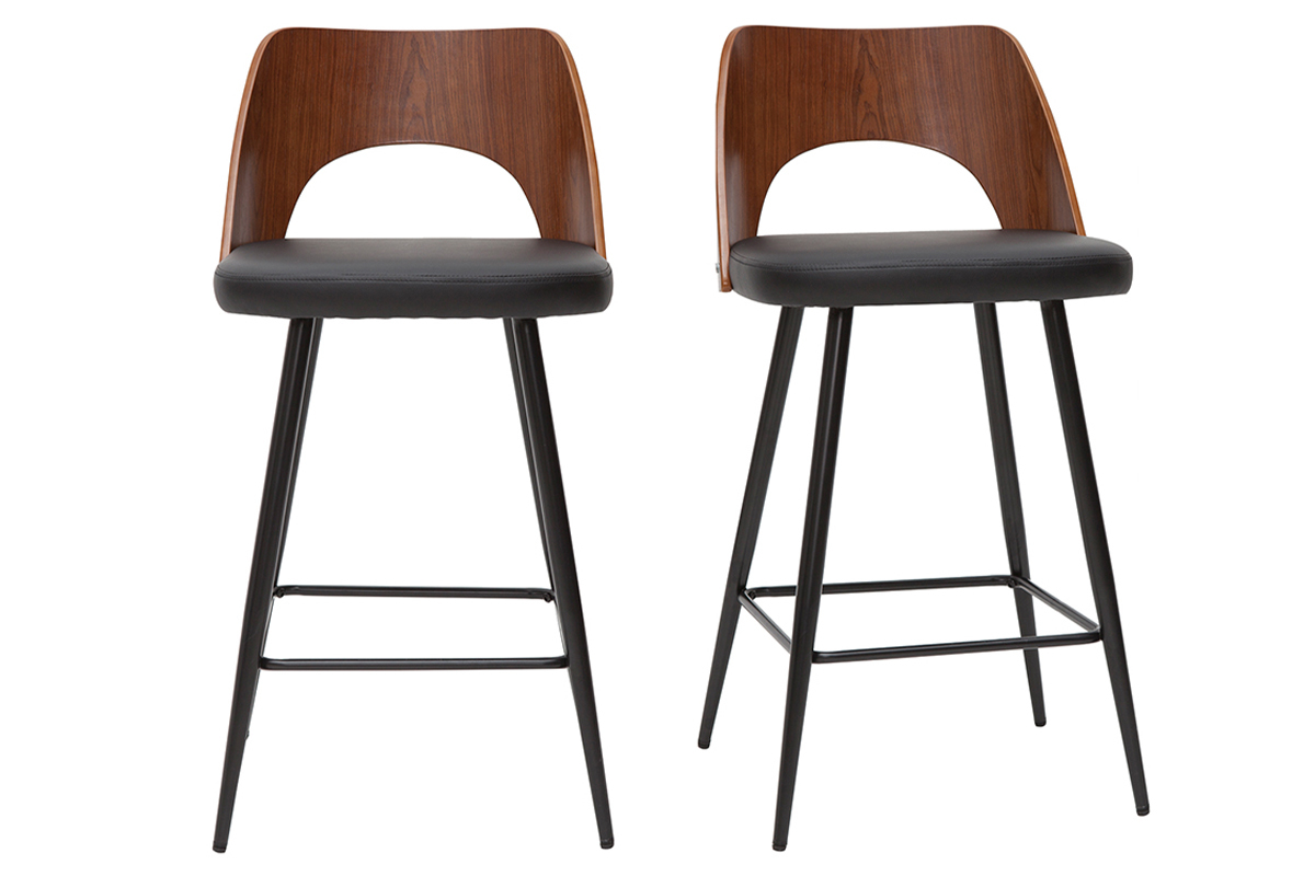 Tabourets de bar design noirs et noyer H66.5 (lot de 2) FALCOM