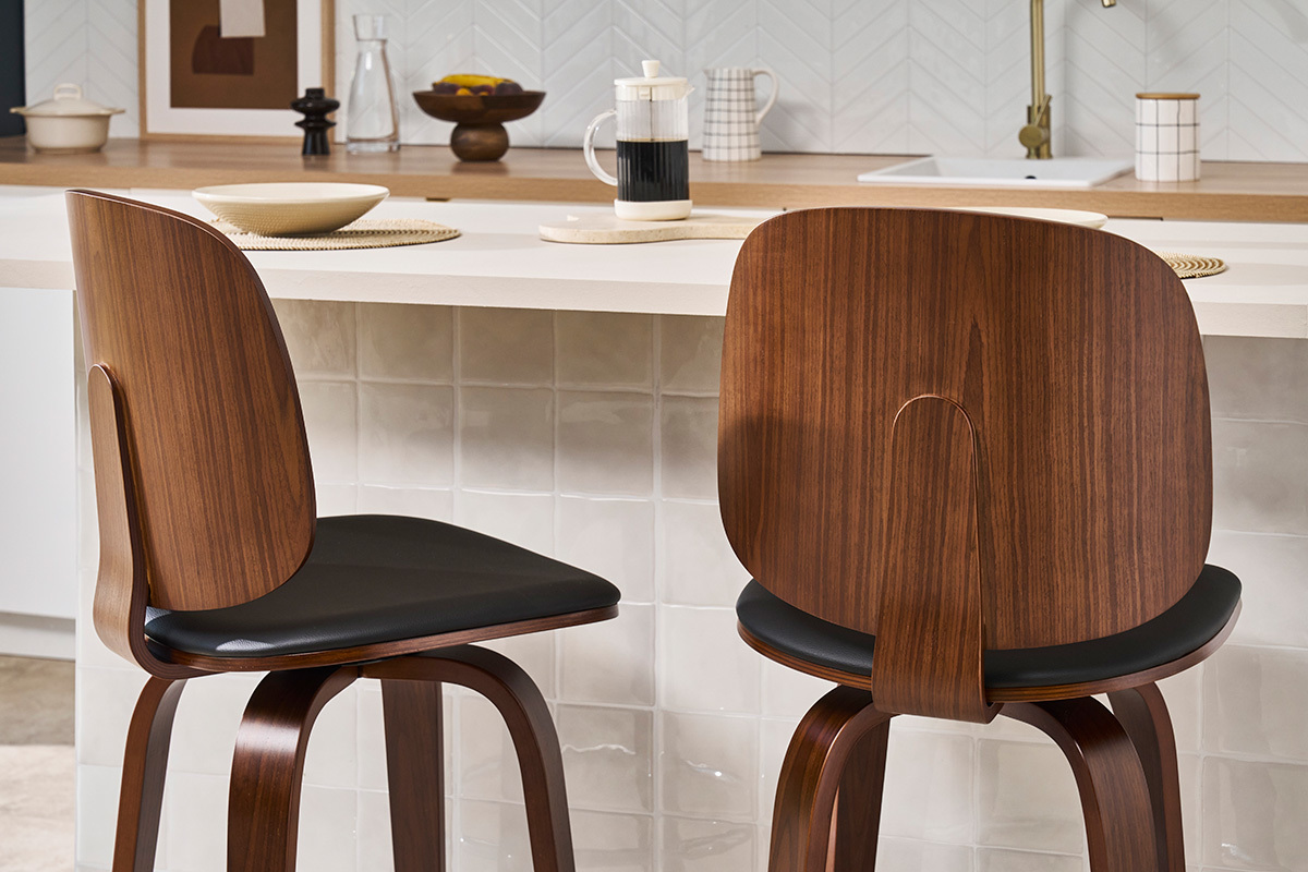 Tabourets de bar design pivotants noirs et noyer H66 cm (lot de 2) BECK