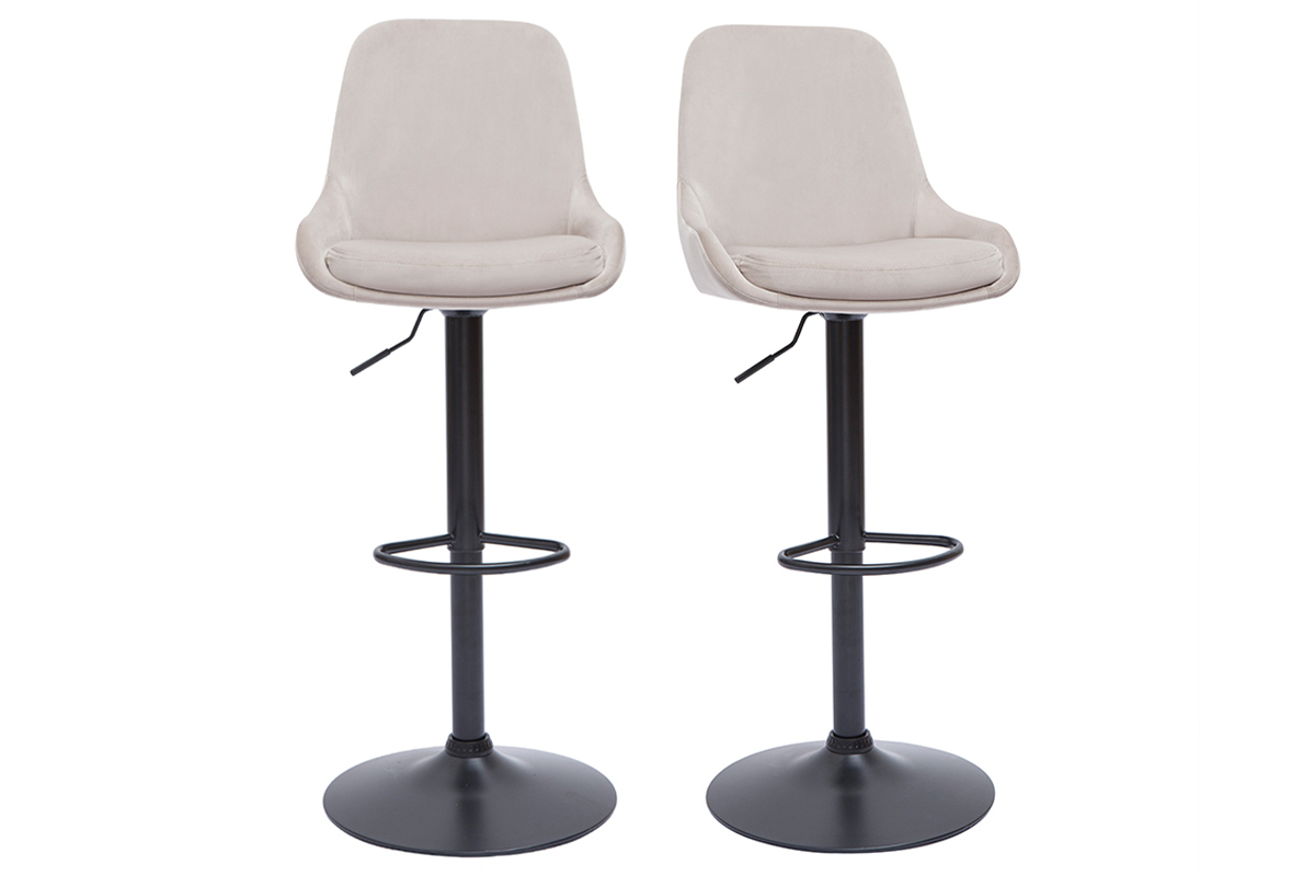 Tabourets de bar design r�glables en tissu velours taupe et m�tal noir 360� (lot de 2) HOLO