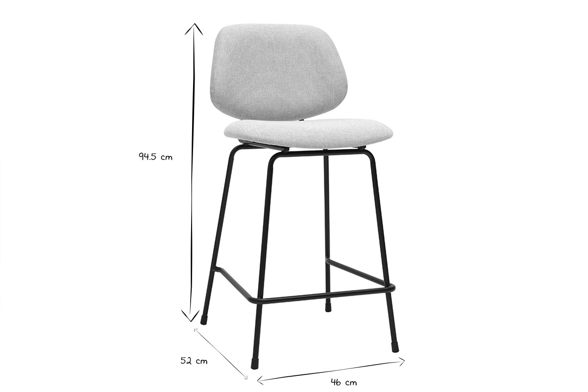 Dimensions du tabouret de bar en noir et blanc, H94,5 cm, L46 cm, P52 cm.