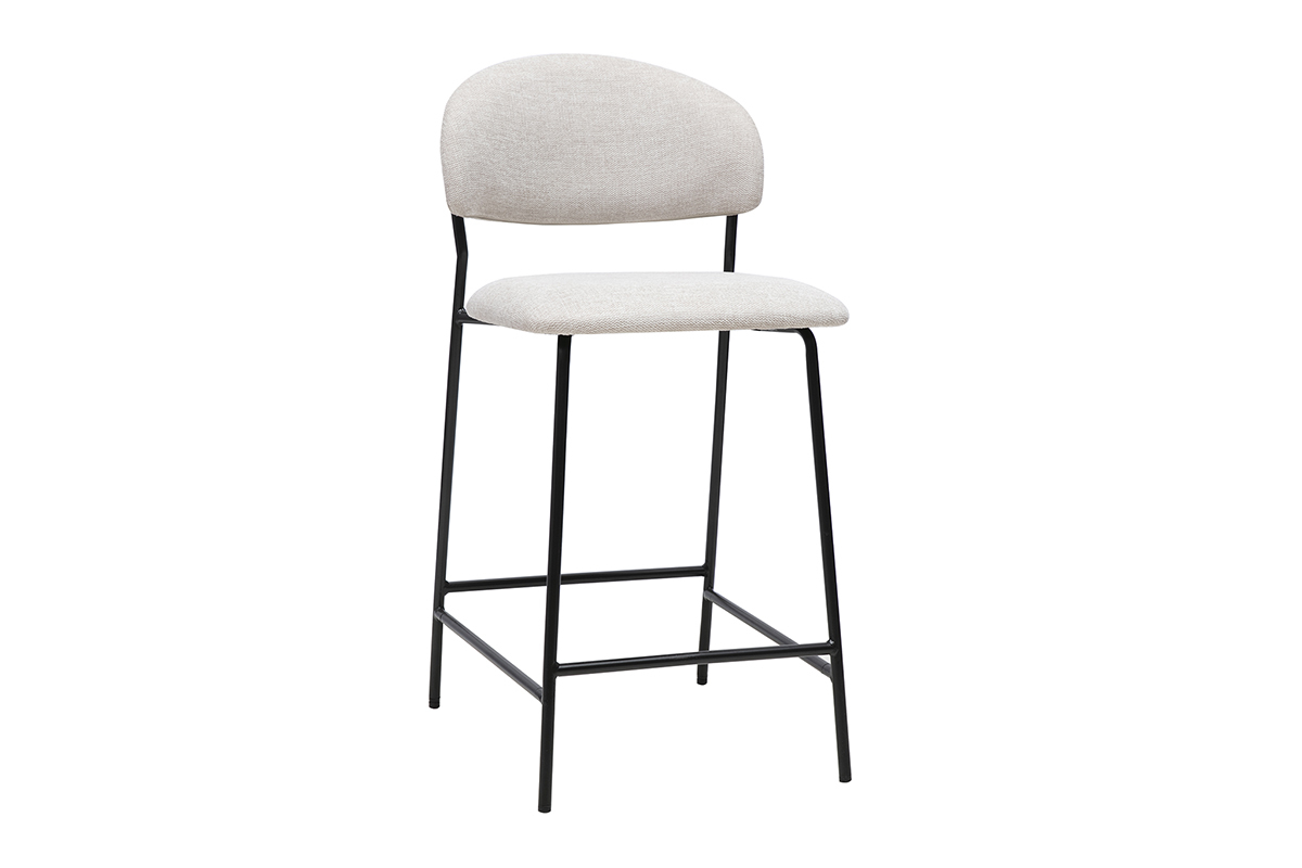 Tabouret de bar BENTA en tissu beige avec structure m�tallique noire, vue de 3/4.