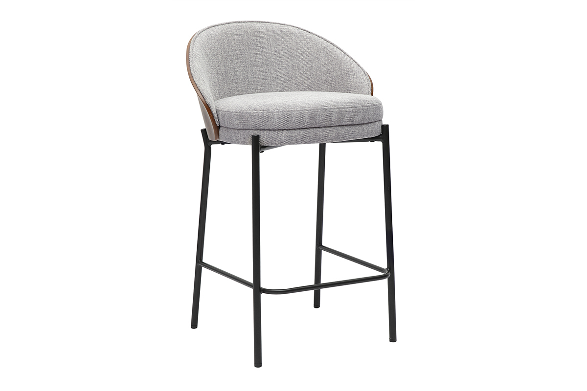 Tabouret de bar en tissu gris, bois fonc�, m�tal noir, vue de 3/4.
