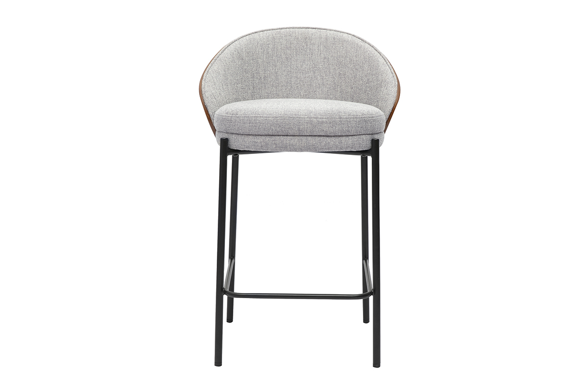 Tabouret de bar en tissu gris, bois fonc�, m�tal noir, vue frontale.