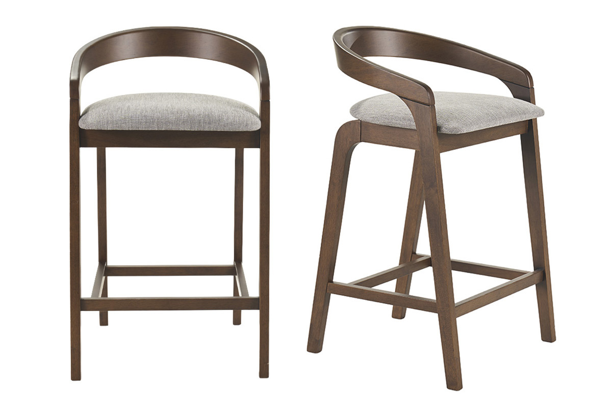 Deux tabourets de bar gris en bois fonc�, vue de face et de profil.
