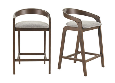 Tabourets de bar en tissu effet velours textur&eacute; gris et bois fonc&eacute; H68 cm (lot de 2) PULSO