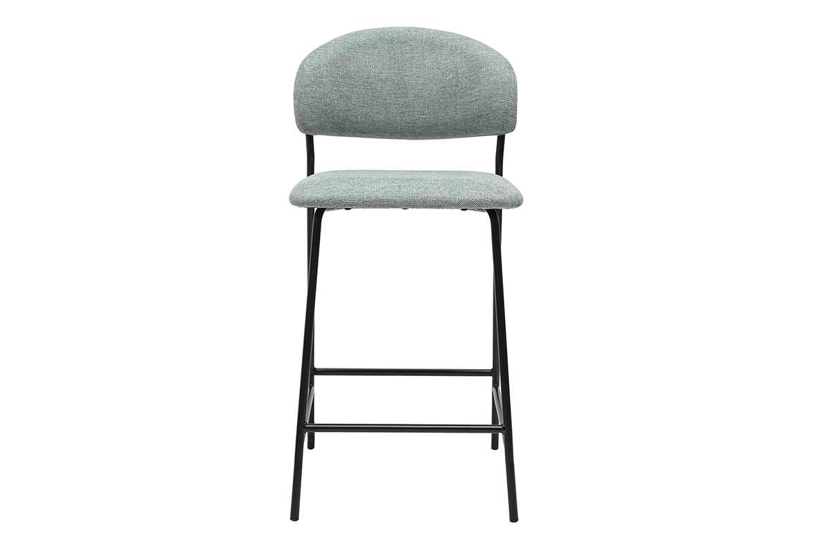 Tabouret de bar vert c�ladon en tissu textur�, structure m�tal noir, vue de face.