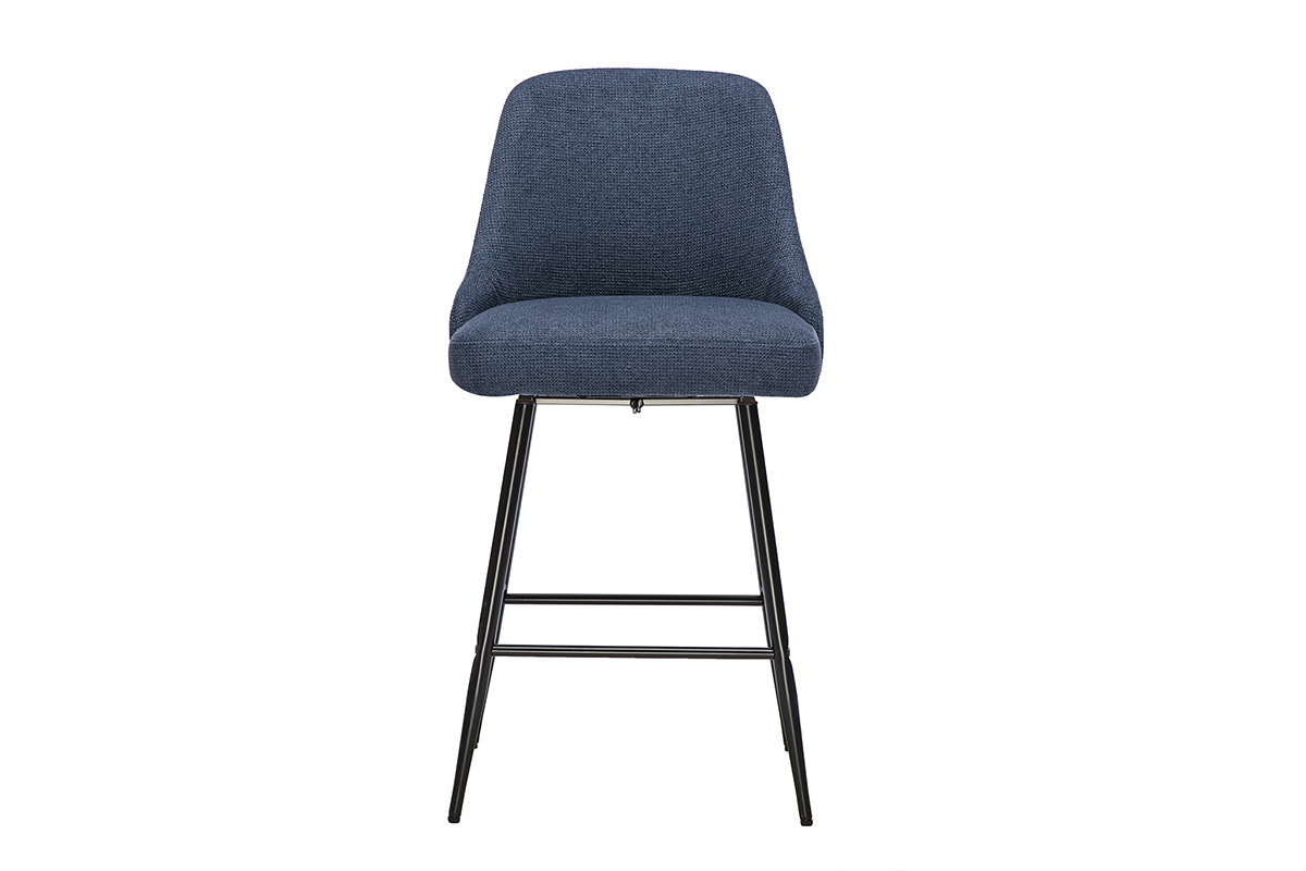 Tabouret de bar HASTA en tissu chenille bleu fonc� avec structure en m�tal noir, vue de face.