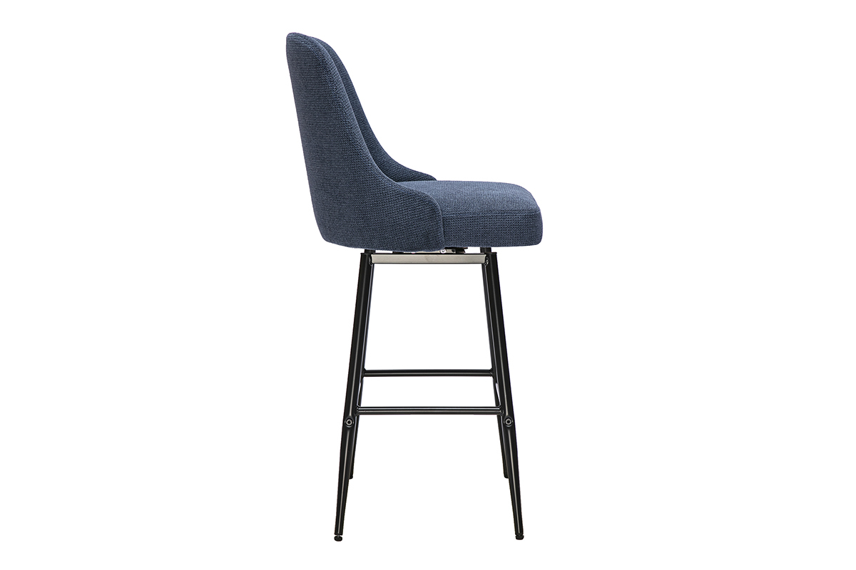 Tabouret de bar HASTA en tissu chenille bleu fonc�, vue de profil, hauteur 66 cm.
